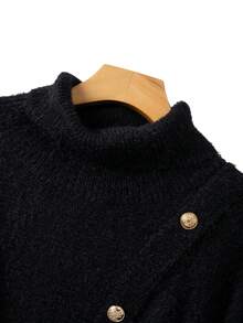 GlowEve CURVE Early Spring New Stylish Design Oblique Placket Metal Button Black Turtleneck Long Sleeve Sweater Paired With Waist Tie Black A-Line Skirt Women Faux Fur Sweater Set