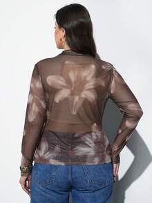 Maija 大码女式印花薄纱长袖修身衬衫，百搭实用，适合都市通勤、商务、休闲、夏季、约会等场合，尽显优雅气质。 - 棕色 - 查看 2