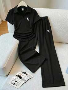 Tween Girls' European Retro Style Black Polo Collar 2-Piece Set, Clean Fit Embroidered Horse Logo Short Sleeve T-Shirt And Wide Leg Pants, Tennis Uniform, Minimalist Academy Style - Black - View 1