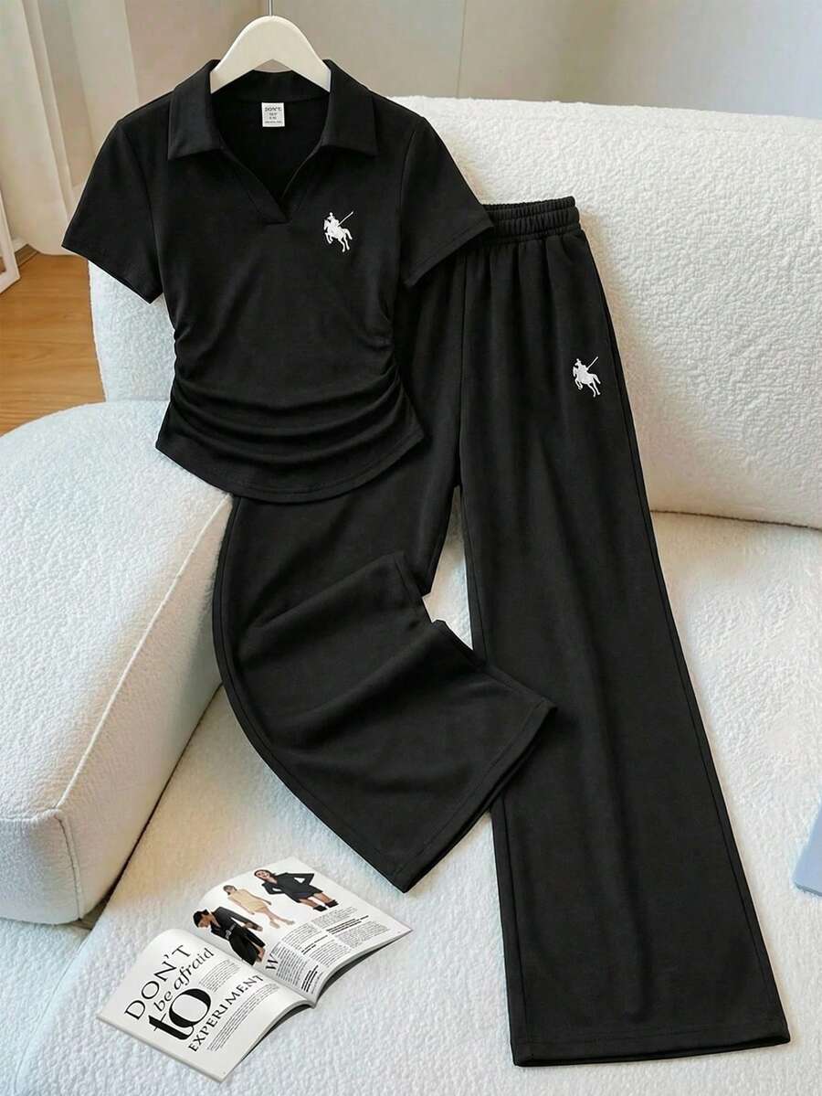 Tween Girls' European Retro Style Black Polo Collar 2-Piece Set, Clean Fit Embroidered Horse Logo Short Sleeve T-Shirt And Wide Leg Pants, Tennis Uniform, Minimalist Academy Style - Black - View 1