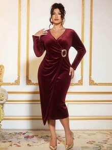 Cravure Plus Size Elegant Solid Color Wrap Dress, Suitable For Commuting - Burgundy - View 6
