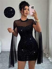 Elenzga 女士立领披肩式网纱闪亮夜店派对迷你连衣裙，修身连衣裙，适合约会、派对、生日、感恩节、音乐节、毕业典礼、假期、春夏穿着 - 黑色 - 查看 4