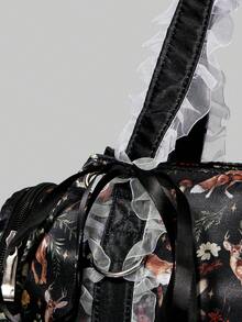ROMWE Kawaii Bolso redondo blanco vintage y lindo con decoración de encaje con lazo, bolso de hombro estilo Boston para mujer, estilo femenino - Zorro Negro - Ver 4