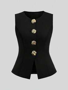 SHEIN PETITE CURVE Elegant Black Woven Fabric Round Neck Camisole And Wide Leg Pants Co-Ord Set For Women - Black - View 7