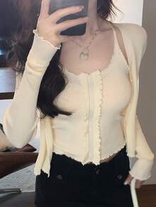 FRIFUL 两件套女士纯色荷叶边休闲舒适罗纹针织毛衣套装 春季 - 米色 - 查看 8