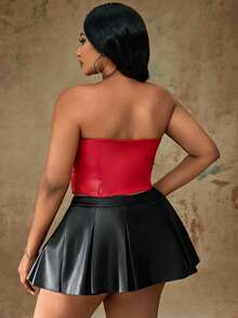 Truni Plus Size Solid Center Front Button Decoration PU Leather Black Tube Top, For Pear & Triangle Body Shape - Red - View 2