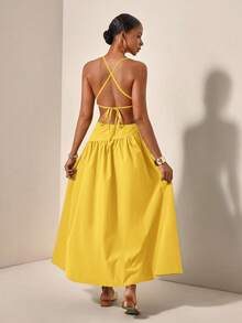 Zivah 新款休闲度假风不对称镂空露背交叉绑带连衣裙 - 鵝黃色 - 查看 2