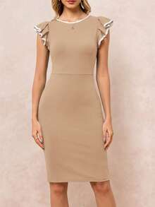 SHEIN Clasi Đầm nữ cổ tròn ôm sát, viền tương phản, tay loe. - Màu Khaki - Xem 8