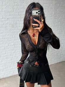 Jeanoix Sheer Fabric Black Collared Blouse For Women Button Down Long Regular Sleeve Top - Black - View 6