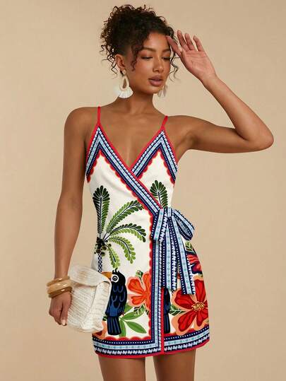 Travachic Casual Minimalist Women's Tie-Up Vacation Coconut Tree Tropical Parrot Bohemian Colorblock Retro Print Cami Mini Dress, Suitable For Outings, Beach, Travel, Chic Spring