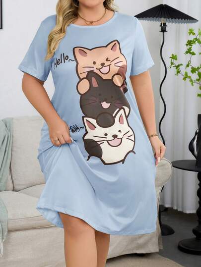 Plus Size Cute Kitty Knitted Short Sleeve Nightgown