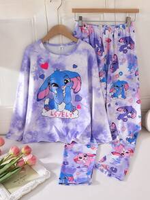 Conjunto de pijama morado nuevo con camiseta de manga larga de cuello redondo y pantalones holgados para niñas, con estampado lindo de conejo, efecto tie-dye en tela de punto de seda de leche, material suave y adorable - Morado - Ver 7