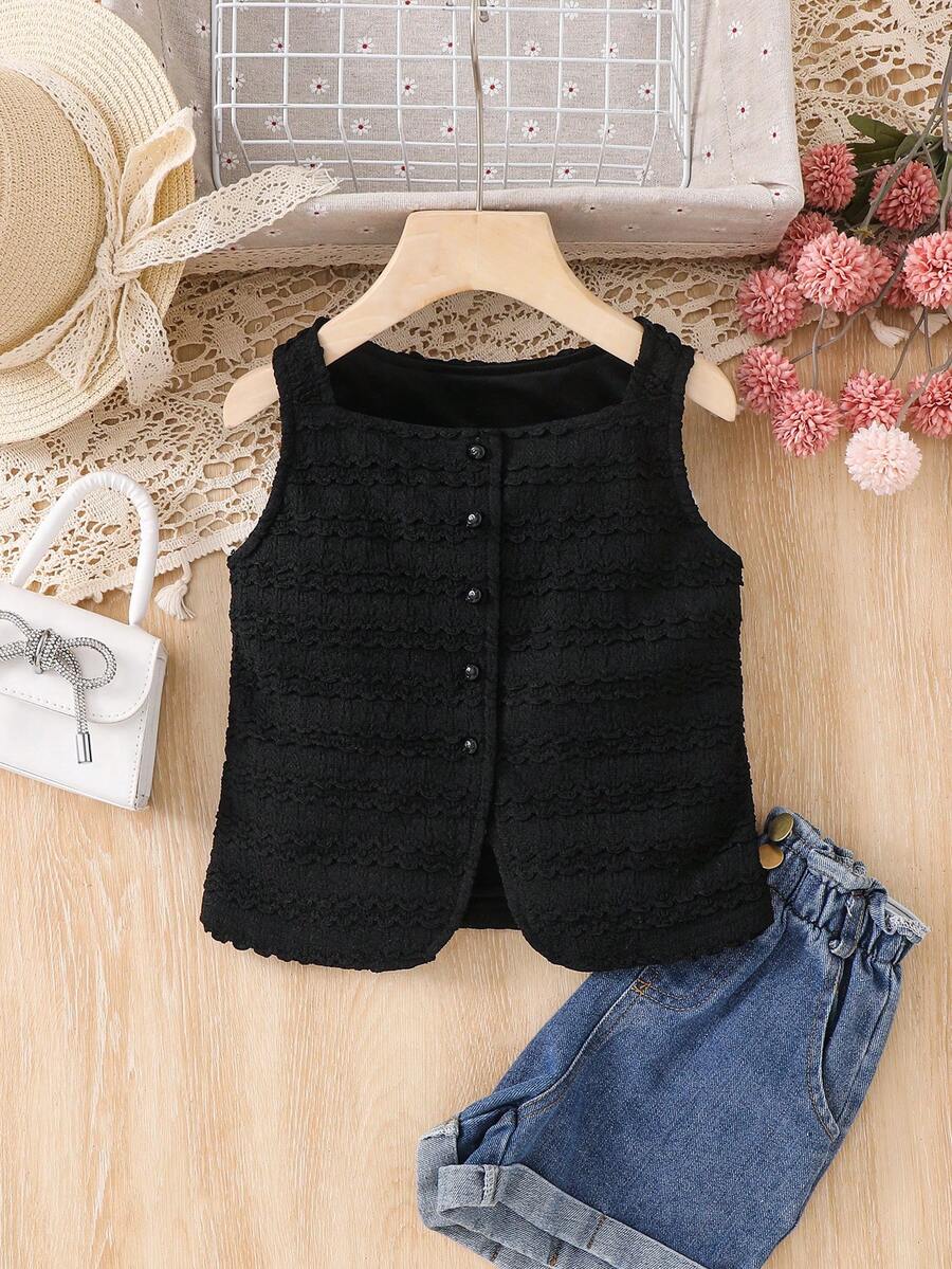 Young Girl Woven Solid Color Casual Vacation Sleeveless Textured Shirt, Summer - Black - View 1