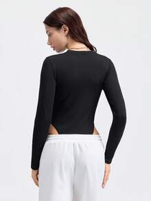 Loungeista 1pc Autumn/Winter Brushed Jumpsuit, V-Neck Button Closure Slimming Casual Yoga Activewear Outerwear Thermal Versatile Women Bodysuit - Black - View 2