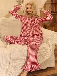 Lullawish Bohemian Style Printed Cotton Woven Lantern Sleeve Women Pajama Set - Red and White - View 6