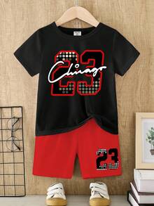 两件套幼儿男童休闲创意格子短袖T恤和短裤，印有数字23和字母，适合春、夏、秋季穿着，舒适百搭。 - 彩色 - 查看 6