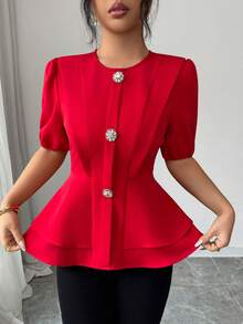 Selianne Women's Elegant Red Summer Party Blouse, Ruffled Collar A-Line Decorated Lantern Sleeve Short Top,Casual Commuting,Vacation,Valentine's Day - Red - View 6