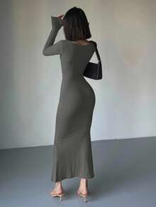 DAZY 女士V领裹身长袖中长连衣裙 - 深灰色 - 查看 5