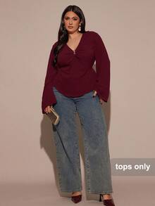 SHEIN BAE Atasan Lengan Panjang Berkerut Leher V untuk Wanita Ukuran Besar, Musim Gugur/Dingin - Burgundy - View 3