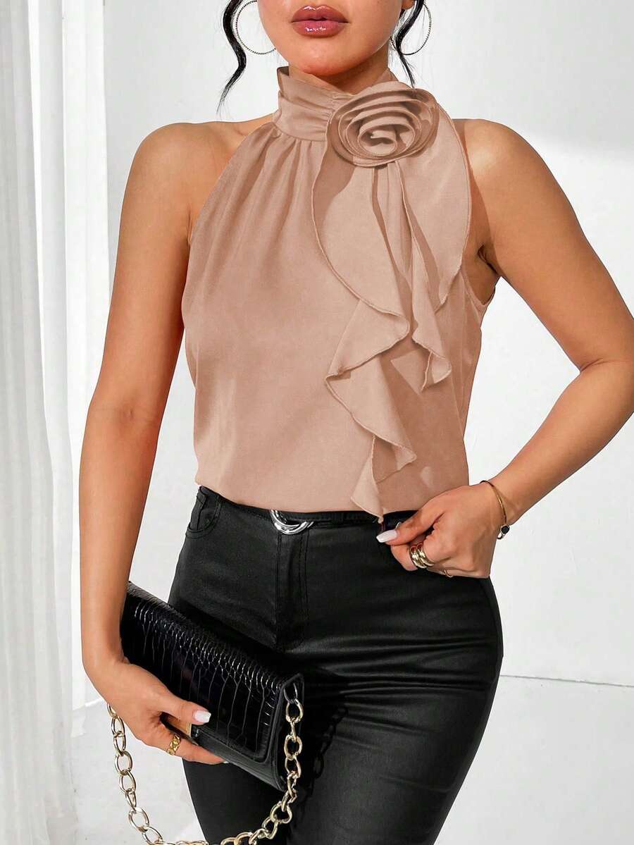 Rafferiza Women's Halter Neck Shirt With 3d Flower Decoration For New Year Clothes - Khaki - View 1