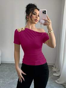 Rafferiza Women's Elegant Asymmetric Neck 3D Rose Gold Metal Button Decor Short Sleeve T-Shirt - Hot Pink - View 6