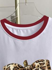 Resyla 大码女式休闲日常通勤豹纹蝴蝶结樱桃图案圆领短袖T恤 - 白色 - 查看 4