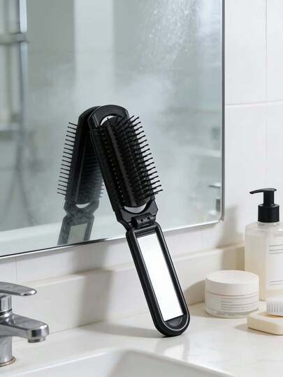 Portable Folding Mirror With Comb, 2-In-1 Compact Travel Mirror & Hairbrush, Detachable Lightweight Makeup Mirror For Purse, Handbag, Suitcase, Dorm, Office, Vanity Table, Salon, Home & On-The-Go