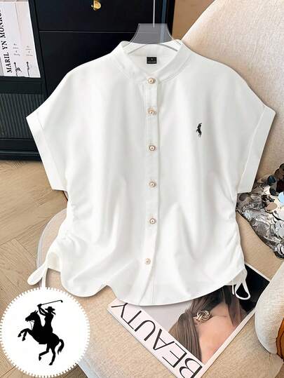 Modelyn 女士前开襟纽扣领休闲百搭短袖衬衫