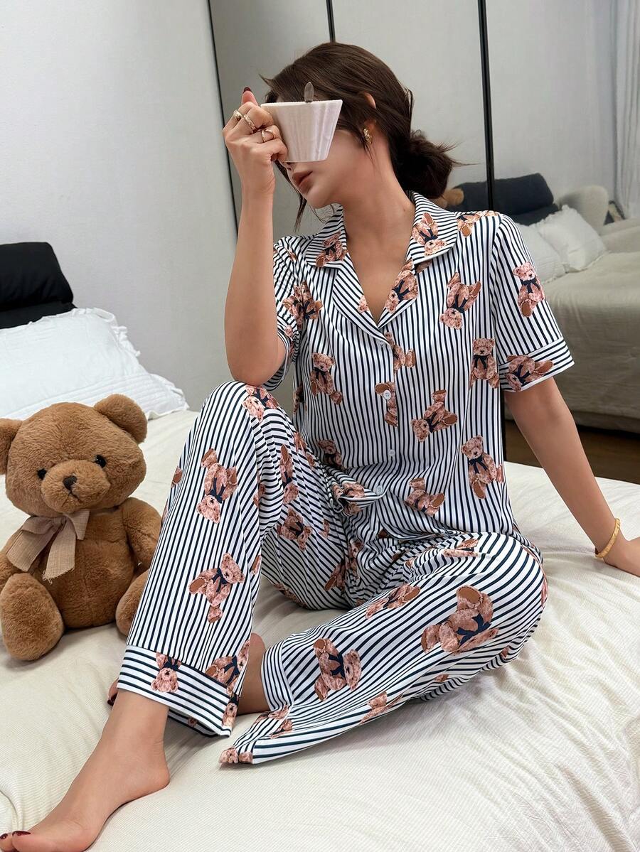 SHEIN Napfluff Women's Casual Loose Striped Bear Print Lapel Short Sleeve Pajama Set - Blue - View 1