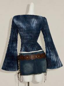 SHEIN ICON Áo thun nữ mùa thu phong cách phương Tây, boho cổ điển, gothic, trễ vai, in họa tiết tie-dye, vạt bất đối xứng, tay dài, tay loe. - Màu xanh lam - Xem 2