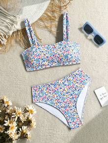 少女夏季沙滩装套装，随机碎花印花。 - 藍色 - 查看 4