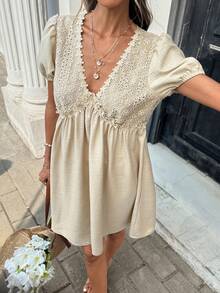 Serisse Women's Embroidered Hollow-Out Puff Sleeve Fashionable Mini Dress,French Sweet V-Neck Hollow Embroidery Puff Sleeve Dress, Lace Patchwork Design,Slim High-Waist A-Line Skirt, Doll Shirt Style,Summer Stylish Niche Short Skirt,Holiday Dress,Women Vacation Dress,Summer Holiday Outfits,Beach Dress,Elegant Summer Resort Dress - Apricot - View 4