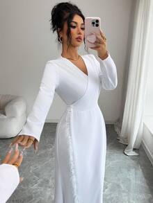 Modelyn French Design V-Neck Furry Patchwork Long Dress For Women - White - View 1