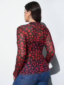 Maija 大码女式豹纹透视长袖修身上衣，猎豹纹圣帕特里克节女装，复活节夏季派对上衣，海滩夏季假期女装，夏季外出毕业休闲上衣 - 紅色 - 查看 2