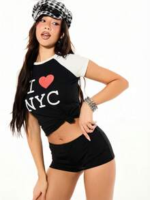 SUMWON WOMEN I Love NYC" Heart Graphic Baby Tee Raglan Sleeve Contrast Top Short Sleeve Casual Crop Fit Casual Street Style Urban Fashion - Black - View 4