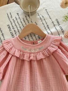 SHEIN LMoss Kids 女婴法式优雅花卉刺绣泡泡袖连衣裙 - 紫色 - 查看 4