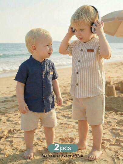 Cozy Pixies 2件套男婴休闲百搭简约纯色条纹短袖立领衬衫套装，基础款衬衫多件装，适合生日派对、晚宴、演出、婚礼、迎婴派对、一周岁生日庆祝等场合。男婴纽扣衬衫和短裤沙滩男童亚麻套装，适合男童夏季沙滩穿着的纯棉服装。