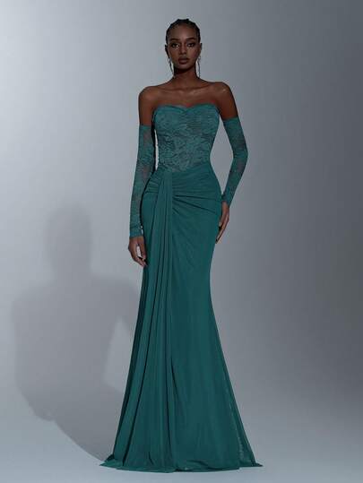 Elitara Elegant Green Romantic Lace Patchwork High-Stretch Knit Mesh Off-Shoulder Dress, Detachable Sheer Long Sleeves, Waist Cutout Design, Pleated Ruffle Asymmetric Hem, Suitable For Dates, Vacations, Singles Parties, Weddings, All Formal Occasions, Evening Gowns