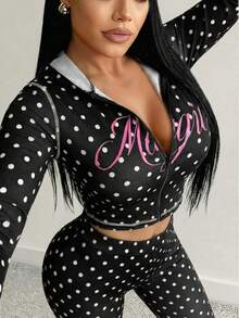 SHEIN SXY 两件套加大码波点印花连帽长袖上衣和喇叭裤套装 - 黑色 - 查看 4