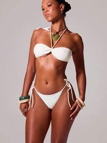 Musera Resort Satin Rope Tie Bikini Bottoms Only Ibiza Sexy Vacation Holiday Spring Summer Festival Rave Beachwear Swim Tequila Sunrise Solid Colour - Cream - View 4