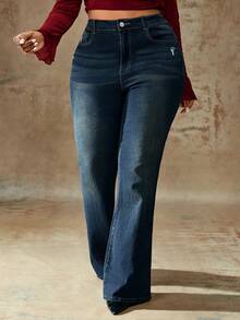 Truni Quần jeans ống loe dáng rộng, màu trơn, rách nhẹ, có túi, dành cho dáng người quả lê và tam giác. - Màu xanh lam - Xem 5