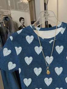 Resyla 女士休闲日常通勤全幅爱心印花短袖T恤，夏季 - 彩色 - 查看 4