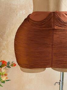 Soleia 2pcs Vacation Sexy Fringe Halter Backless Crop Top And Low Waist Skirt Set, Suitable For Music Festival, Boho, Holiday, Date, Afternoon Tea - Brown - View 7