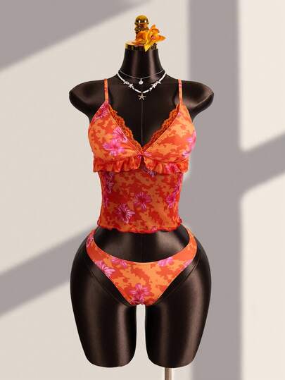 Zestiva Orange Floral Trim Floral Spaghetti Strap Bikini Top, Spring/Summer Beach Vacation Casual Beach Wear Tropical Floral Print Strapless Bandeau Tie Back Camisole Strap Bikini Lace Trim 2-Piece Swimsuit Set,New Women's Swimwear ArrivalFor School,Suitable For Holiday, Date, Afternoon Tea, Western, Cruise, Beach, Island, Road Trip, All Seasons, Music Festival, Boho Vacation,Bohemian Vacation, Chill Autumn ,Western Boho ,Elegant Tops For Women