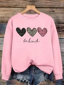 EMERY ROSE Love Leopard Print "Be Kind" Theme Print Casual Plus Size Sweatshirt - Baby Pink - View 1