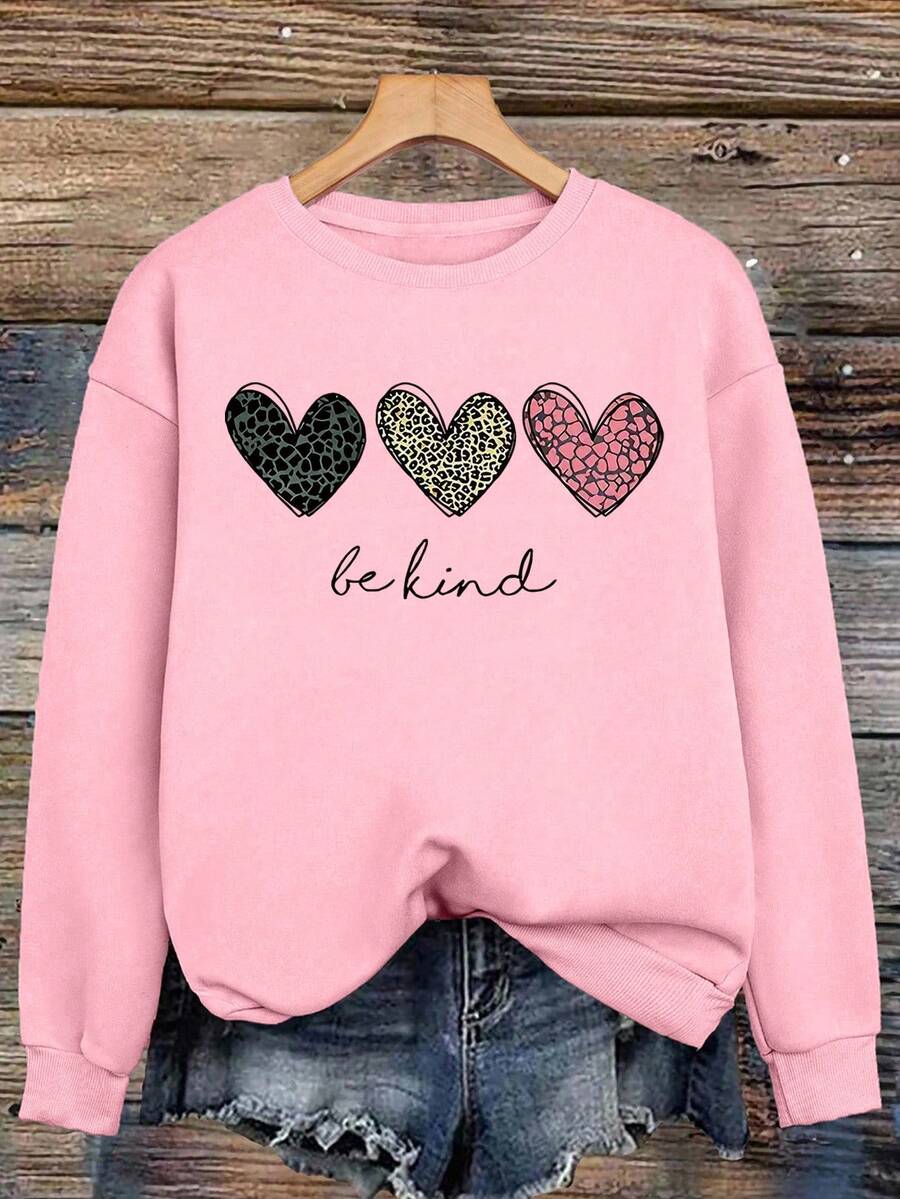 EMERY ROSE Love Leopard Print "Be Kind" Theme Print Casual Plus Size Sweatshirt - Baby Pink - View 1