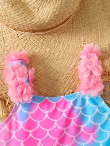 Young Girls Mermaid Print Cute Ruffle One-Piece Swimsuit, Casual Beach Vacation, Swimwear For Sisters Photo Shoot - Pink - View 5