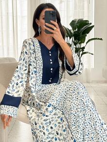 Al Najma Vestido de estilo árabe con cintura de cordón, unicolor con parches de hojas y flores, tono azul - Multicolor - Ver 3