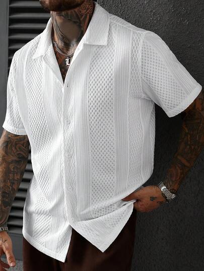 Manfinity Homme Plus Size Men's Solid Color Textured Jacquard Short Sleeve Shirt Men's Crochet Shirts Fishnet Shirt Men White Laced Men's Shirt Men All White Short Sleeve Beach Shirts White Laced Mens Shirt Mens Crochet Shirts
