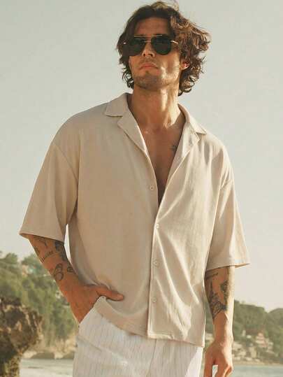 HIMLAND Cămașă bărbătească cu mânecă scurtă, cu guler plat, culoare solidă, cu un singur rând de nasturi, casual, versatilă, pentru naveta